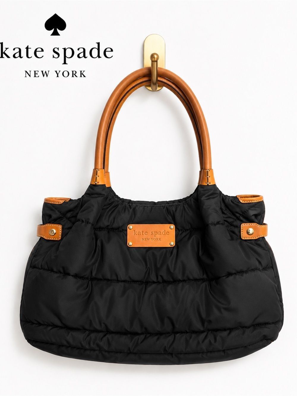 Kate Spade Black Nylon Puffer Shoulder Bag Tan Leather Trim